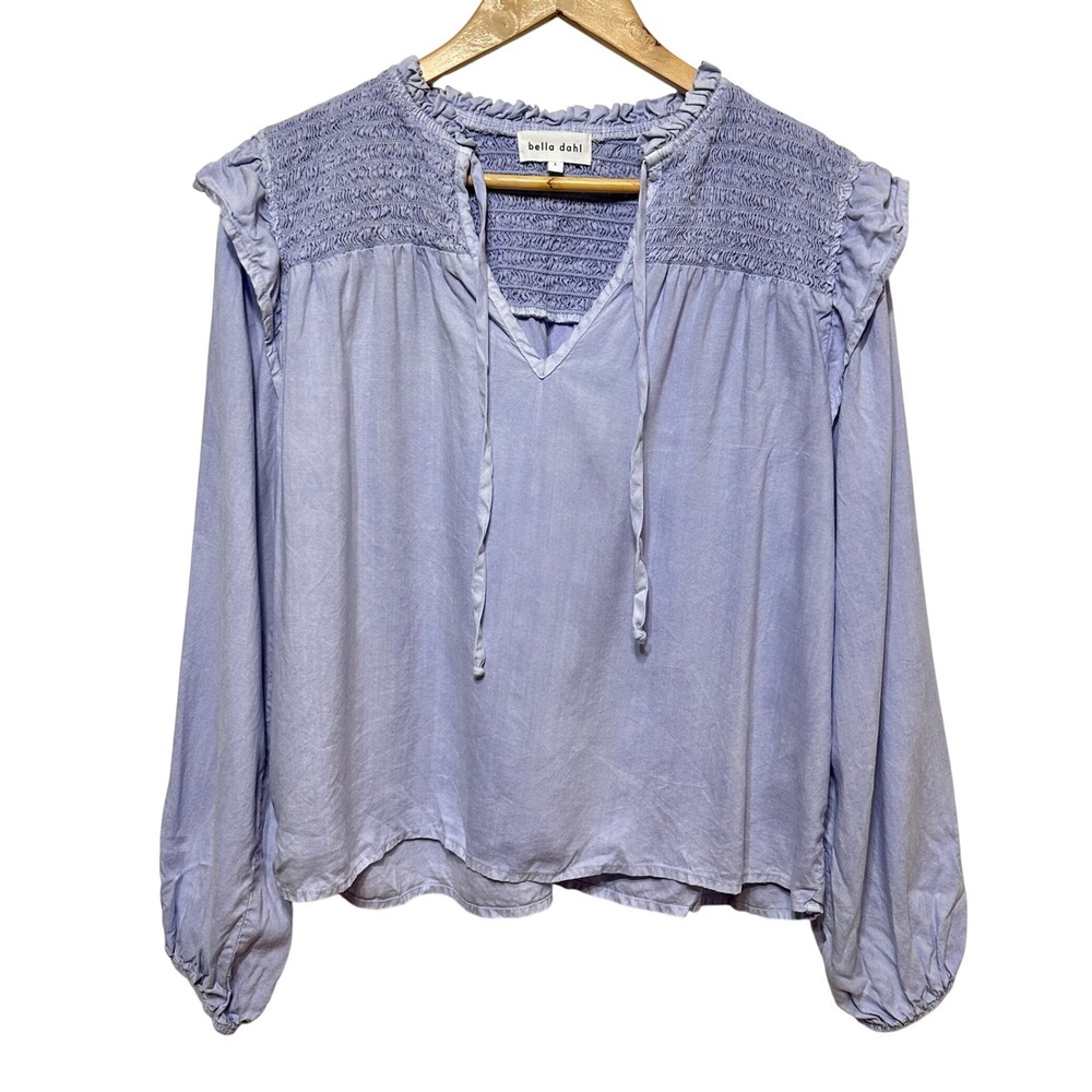 Bella Dahl Blouse Womens Large Lavender Smocked Ruffle Tencel Boho Peasant Top